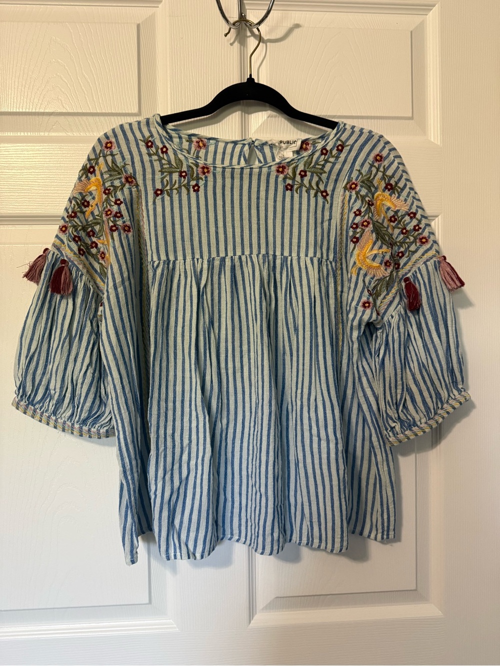 For the Republic Boho Striped Embroidered Peasant Top- L - Picture 2 of 6